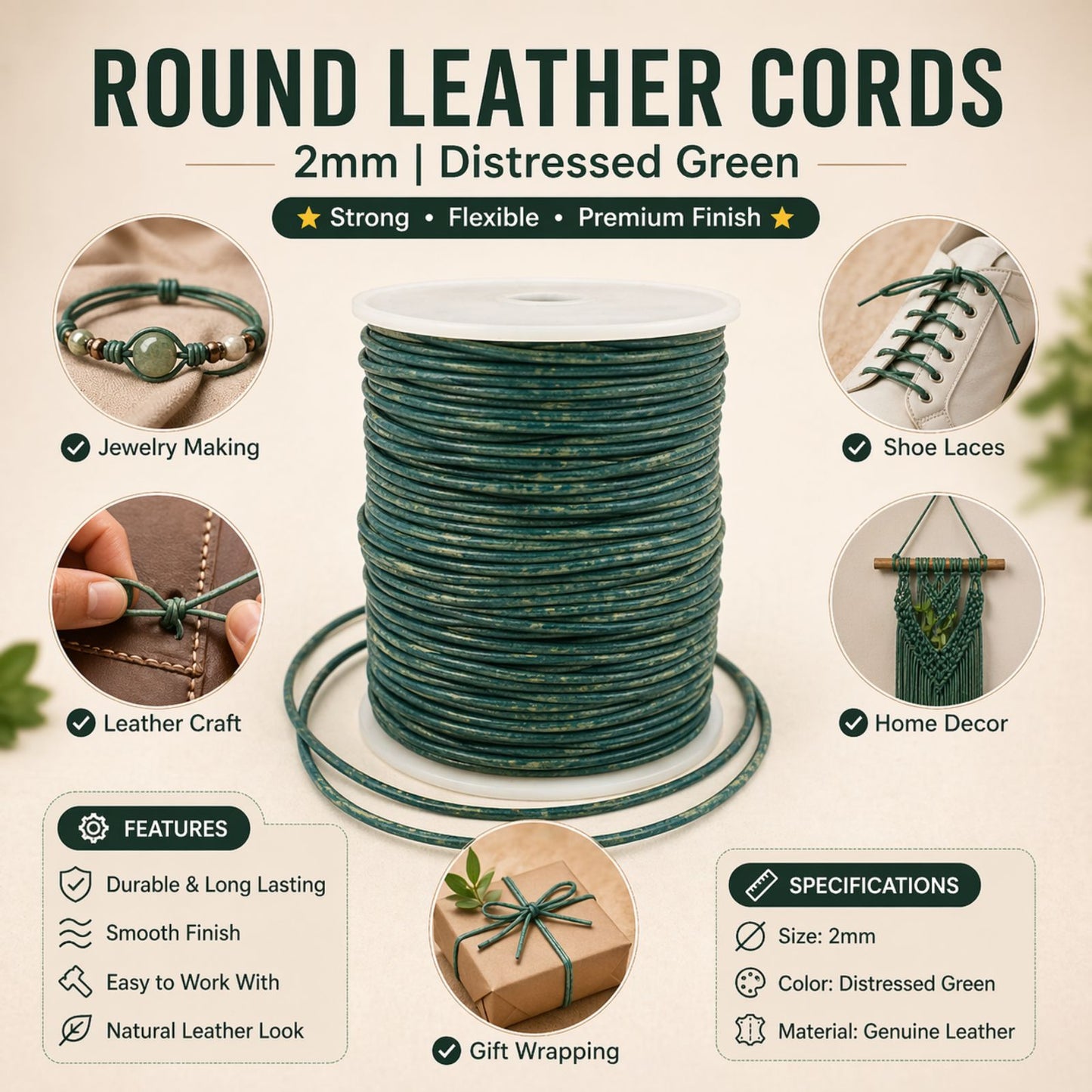 Leather Cords 2mm, 100m Rolls DC18 Basil Green