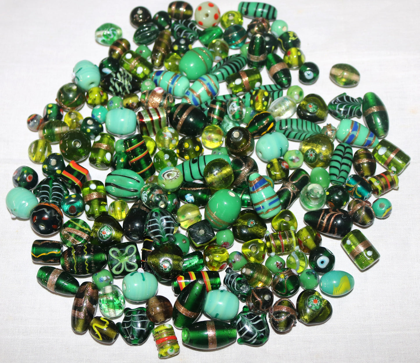 150 Lamp Work Glass Beads Mixed Shape & Sizes Green Combination