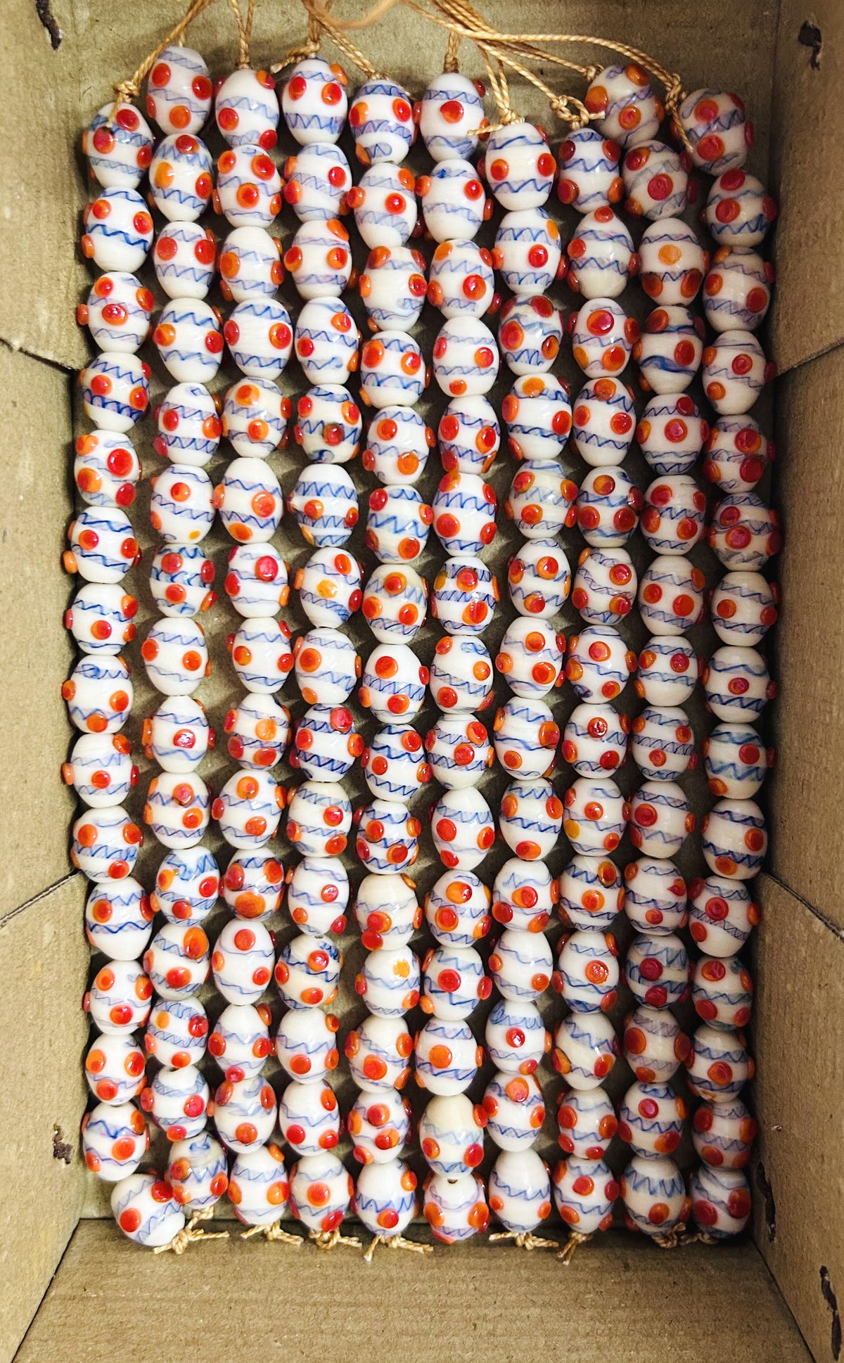 5 Strands 11x14mm Oval Glass Beads White/Red - STR-1202