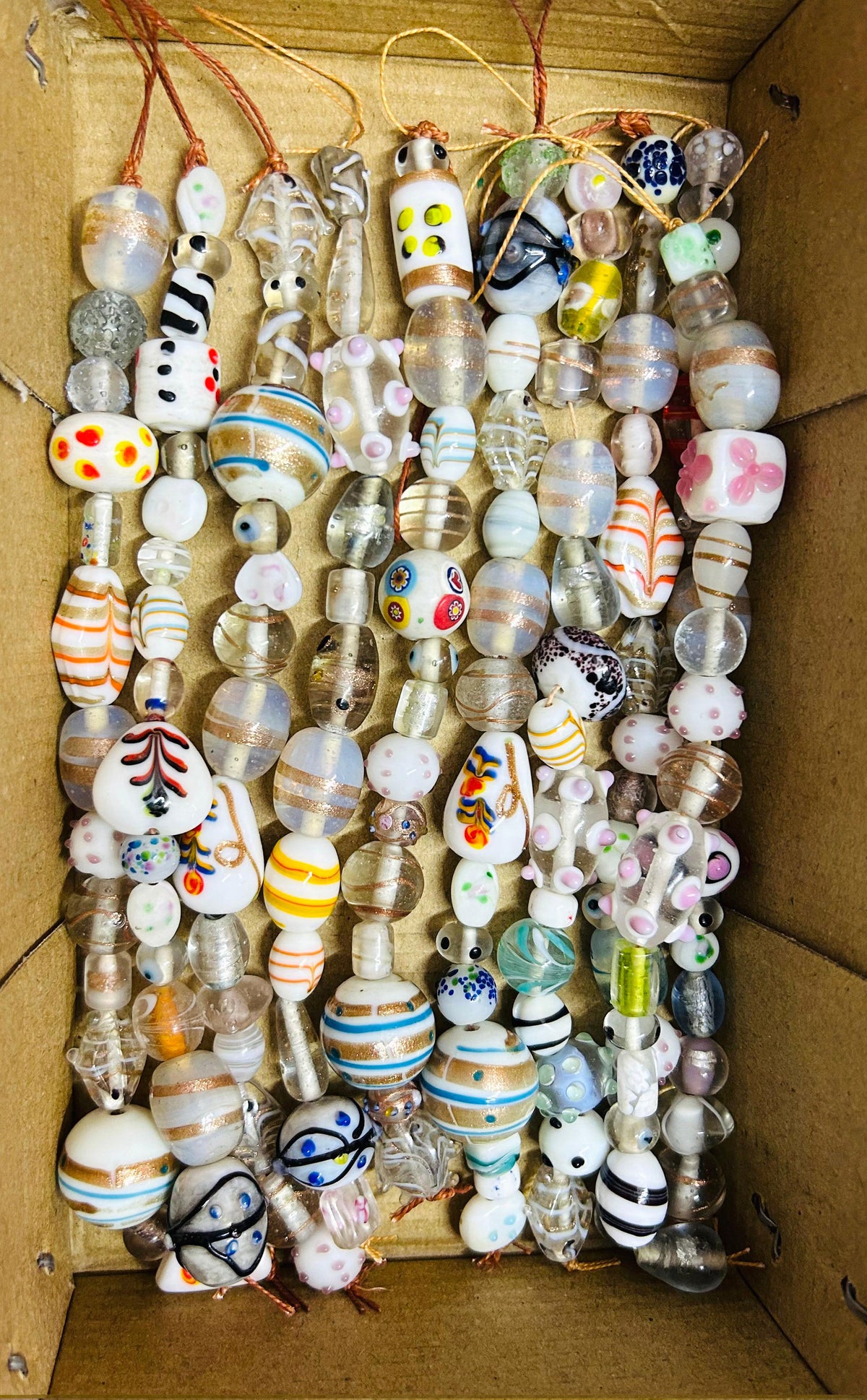 10 Strands Fancy Glass Beads White Combination - STR-0020