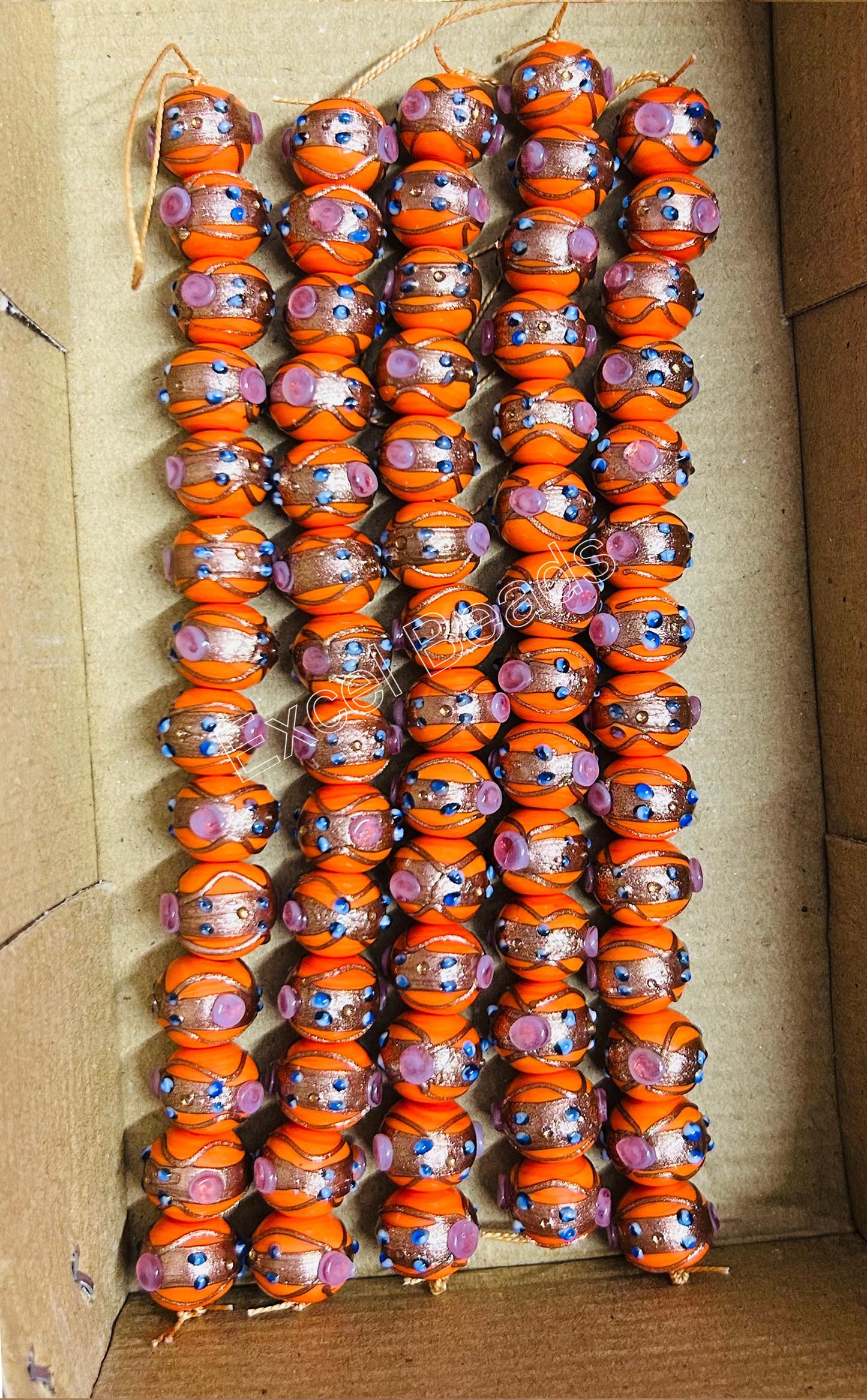 5 Strands 14mm Round Wedding Cake Beads - Orange - STR-0291