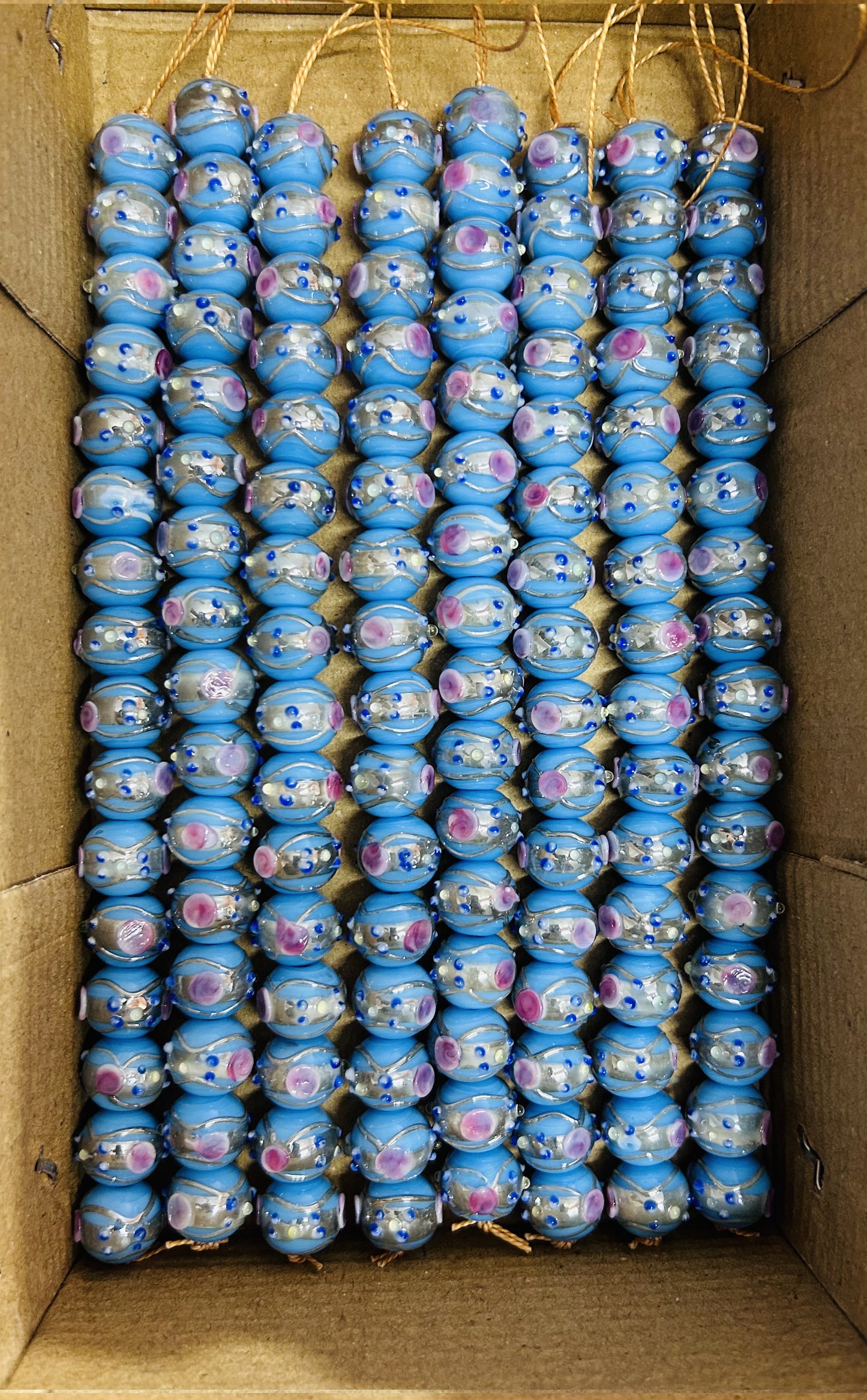 5 Strands 12mm Round Wedding Cake Beads Turquoise with Silver Swirl - STR-403