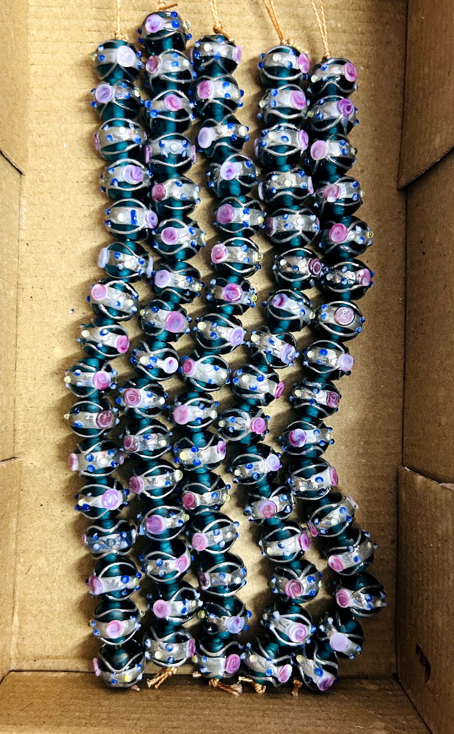 5 Strands 12mm Round Wedding Cake Beads Teal with Silver Swirl - STR-429