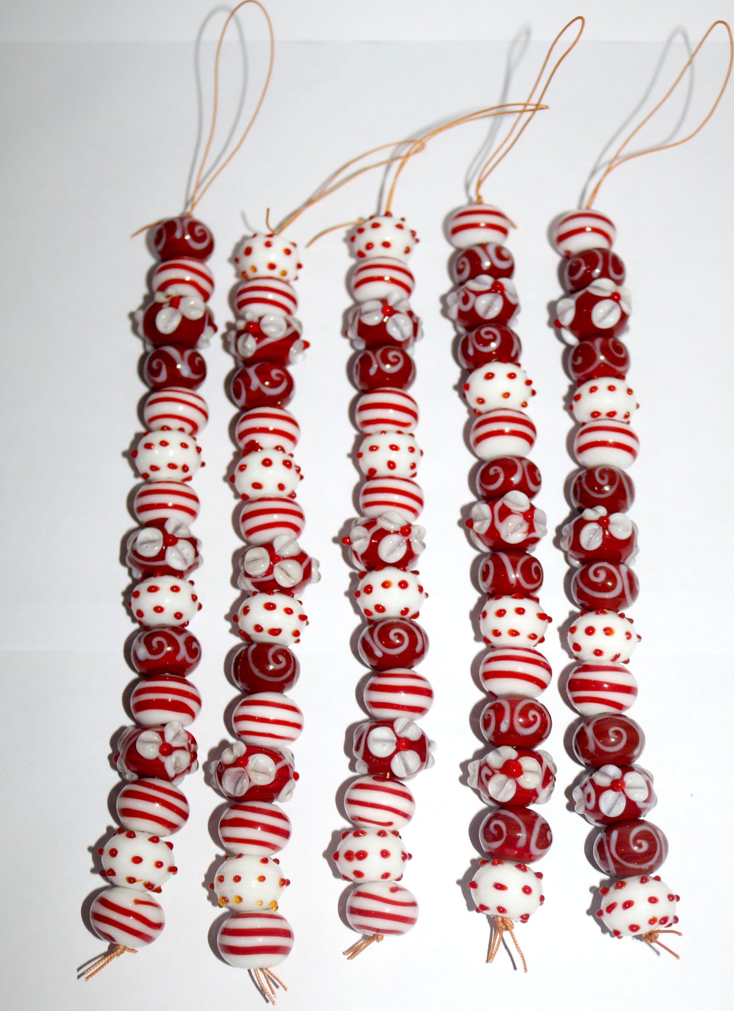 5 Strands Fancy Glass Beads Red & White