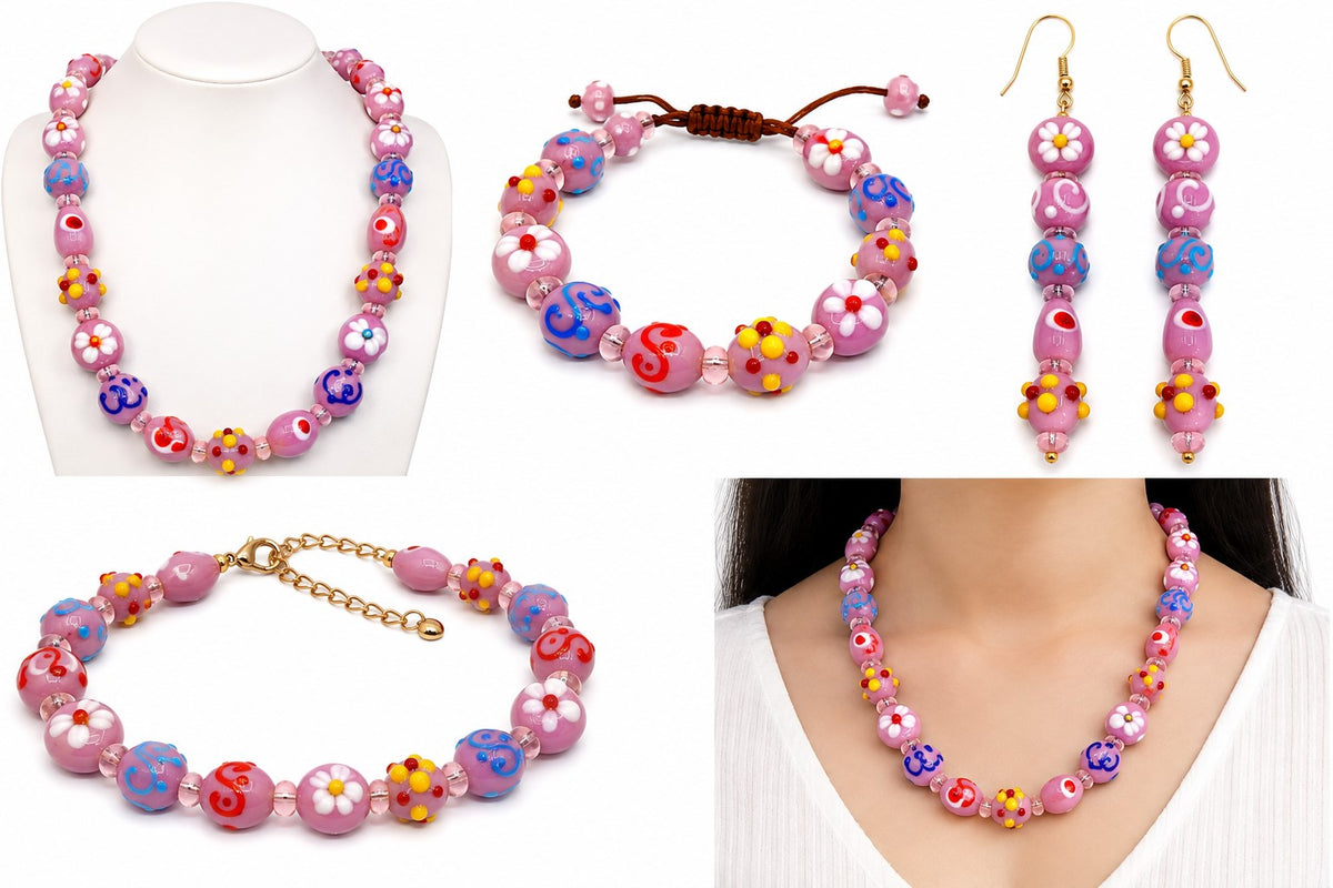 10 Strands Multi Shape Fancy Beads Pink & Blue - STR-0840