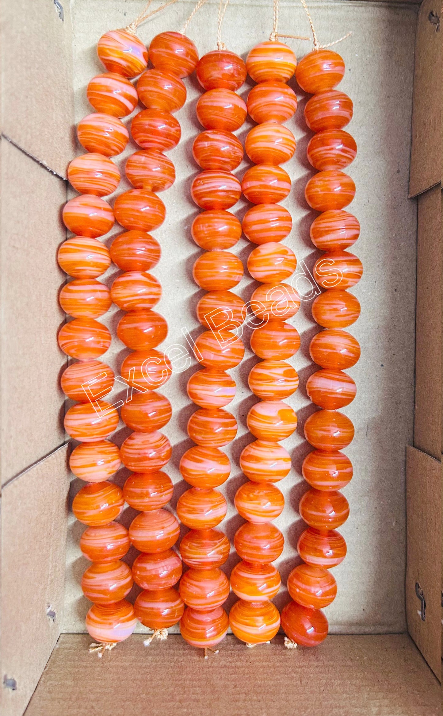 5 Strands 18mm Striped Glass Beads Orange - STR-0991