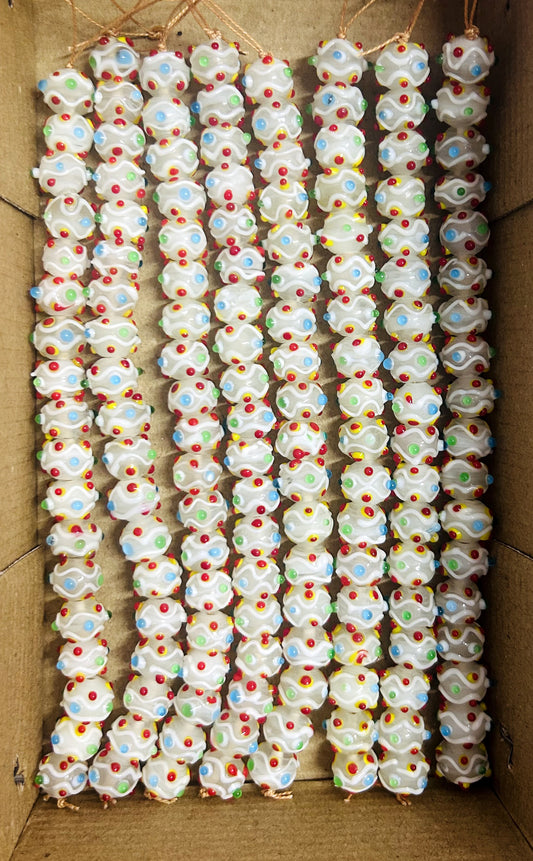 5 Strands 12mm Glass Beads with raised dots White - STR-1176