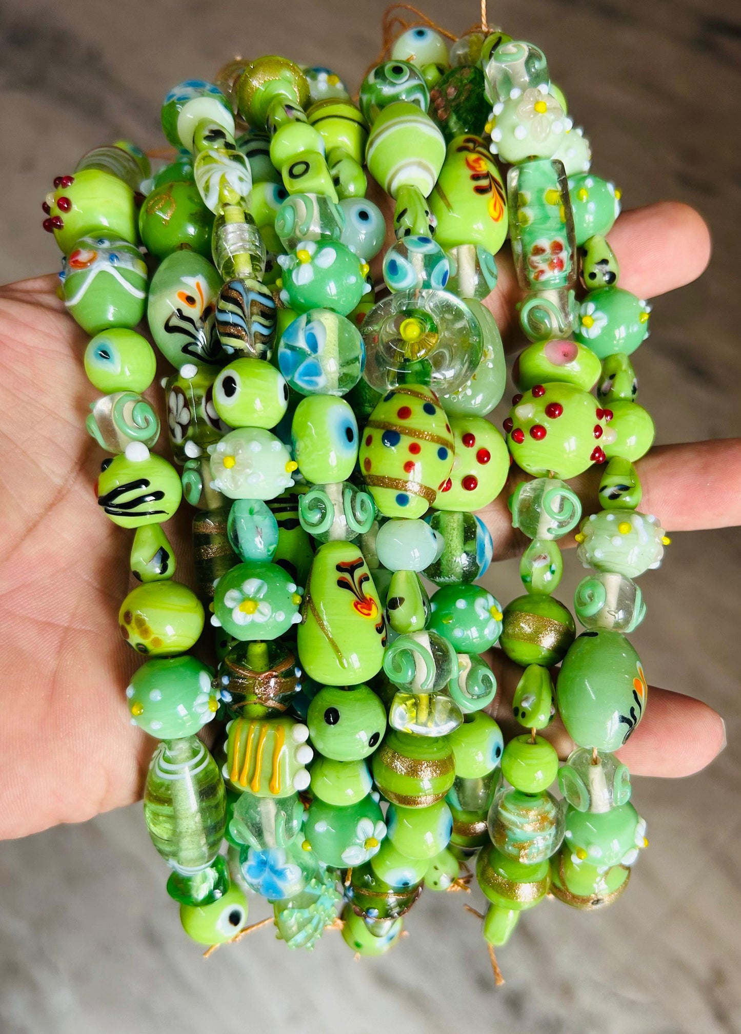 10 Strands Fancy Glass Beads Lt Green Combination - STR-0013