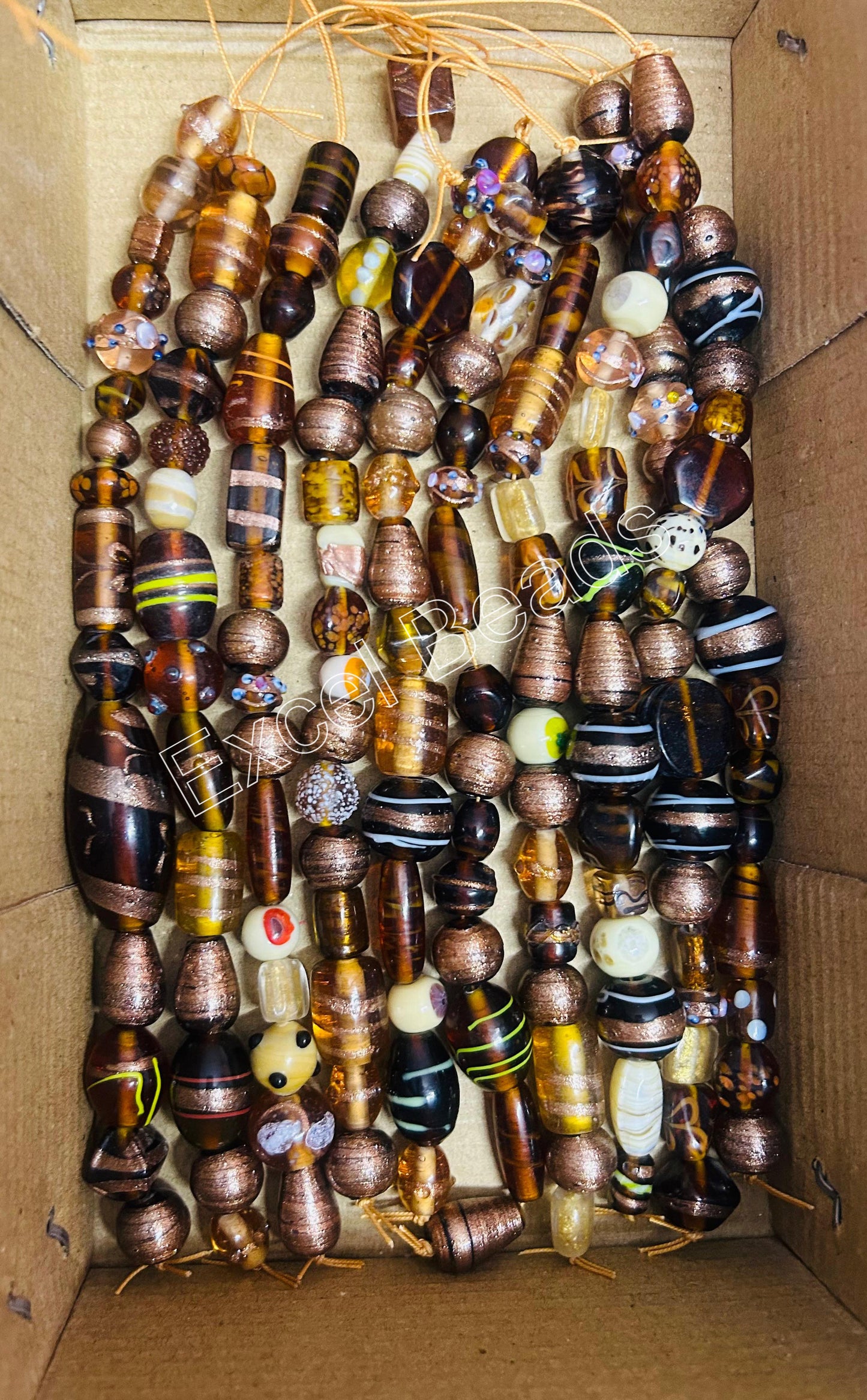 10 Strands Fancy Glass Beads Brown Combination - STR-0014