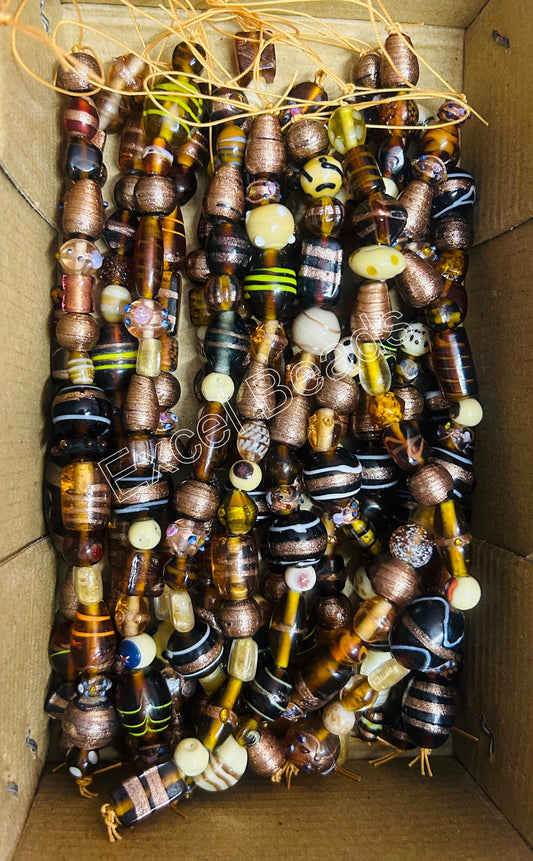 10 Strands Fancy Glass Beads Brown Combination - STR-0014