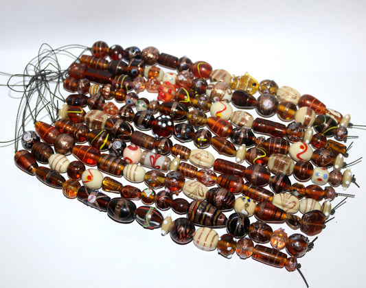 10 Strands Fancy Glass Beads - Brown Combination