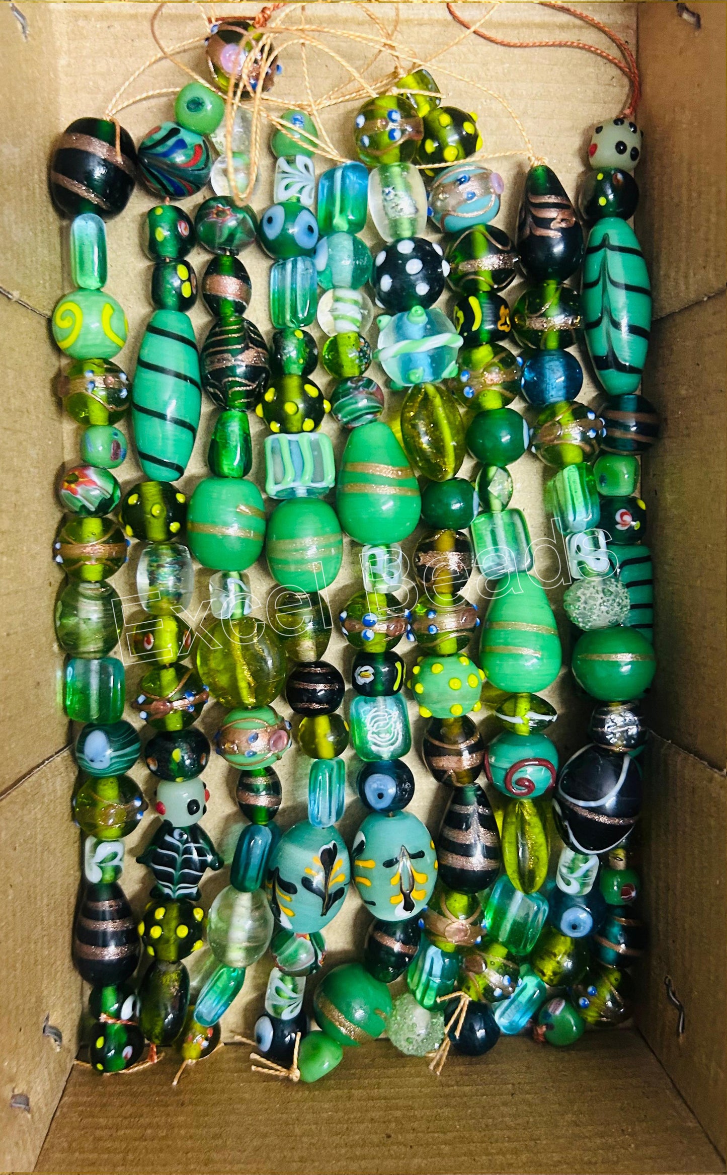 10 Strands Fancy Glass Beads Green Combination - STR-0018