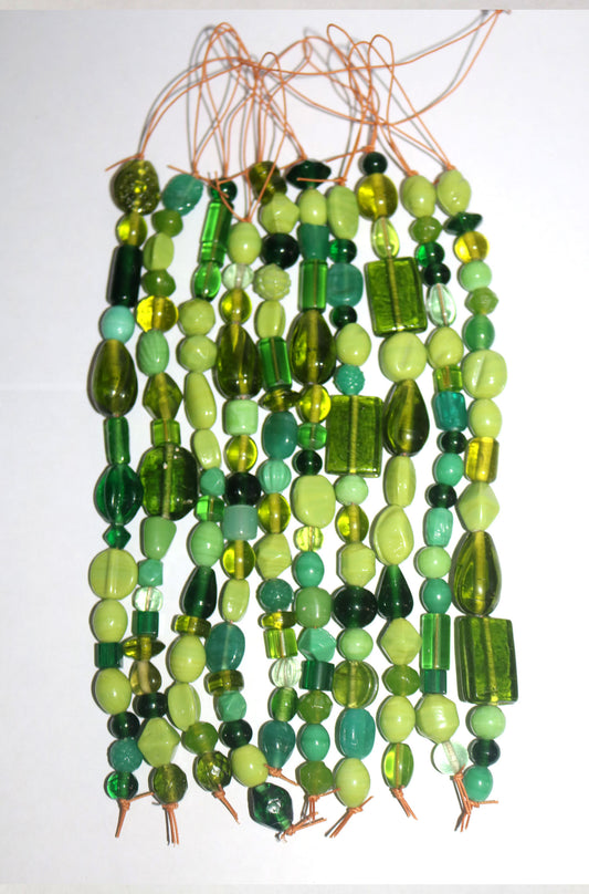 10 Strands Lamp Work Glass Beads - Green Mix