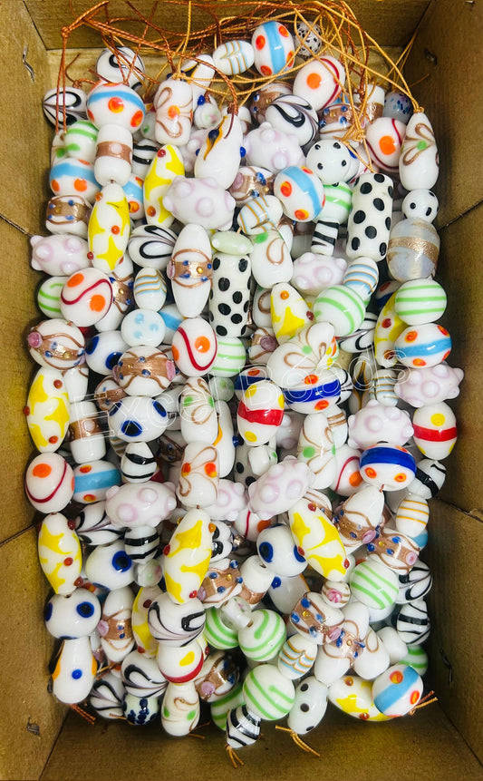 10 Strands Fancy Glass Beads White Opaque - STR-0027