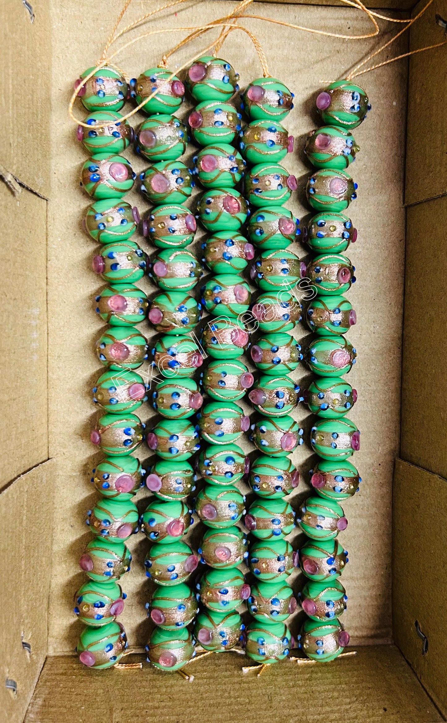 5 Strands 14mm Round Wedding Cake Beads - Green - STR-0292