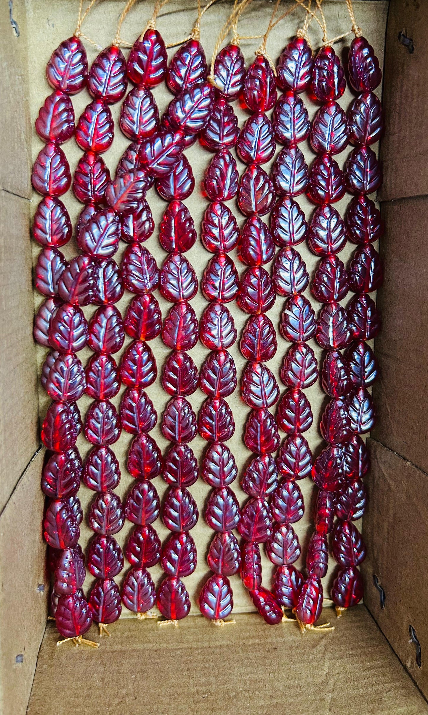 10 Strands Luster Finished Leaf Beads Red (120 Beads) - STR-2943