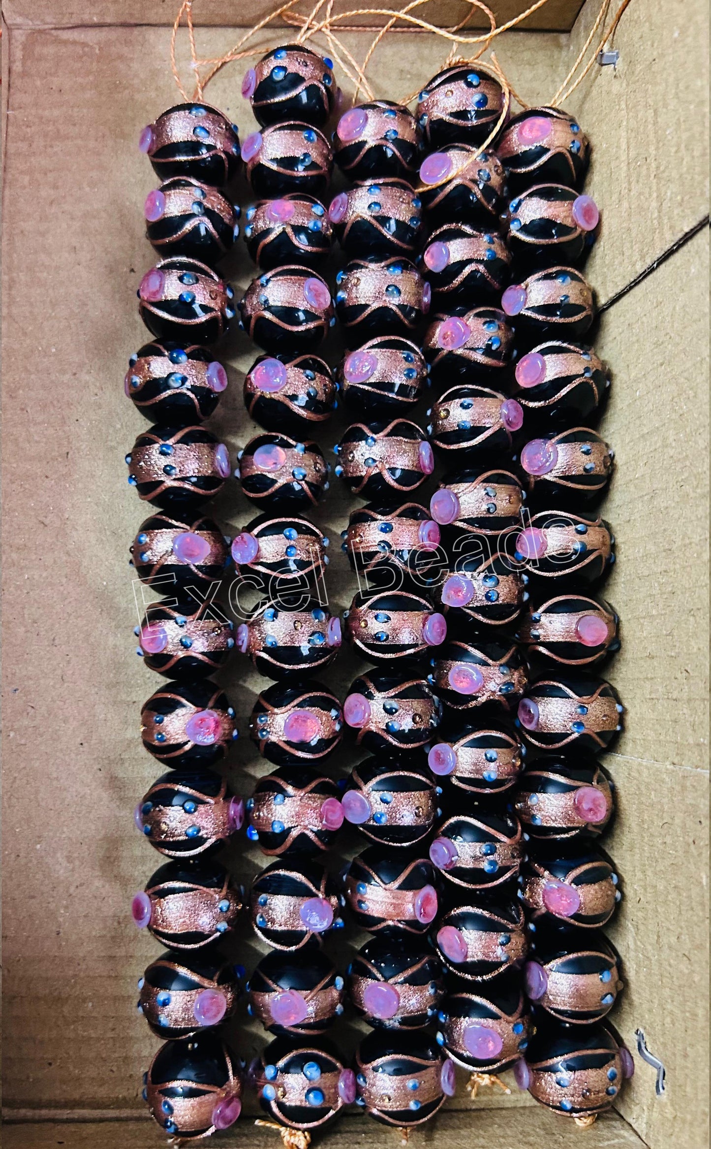 5 Strands 16mm Round Wedding Cake Beads- Black- STR-0295
