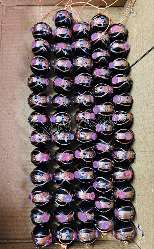 5 Strands 16mm Round Wedding Cake Beads- Black- STR-0295