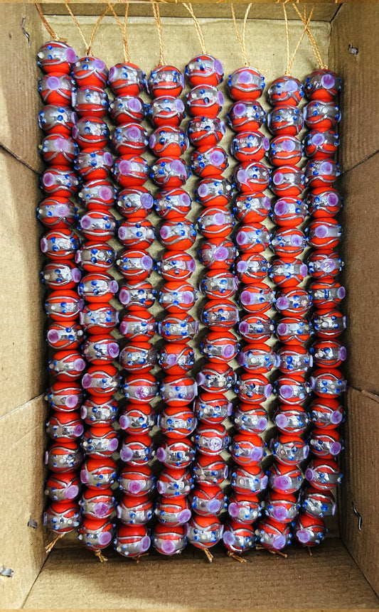 5 Strands 12mm Round Wedding Cake Beads Red with Silver Swirl - STR-402