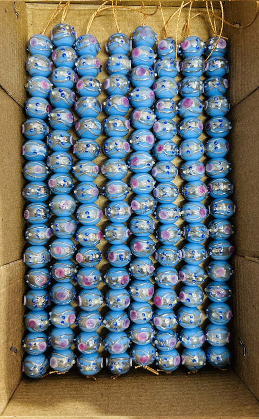 5 Strands 12mm Round Wedding Cake Beads Turquoise with Silver Swirl - STR-403