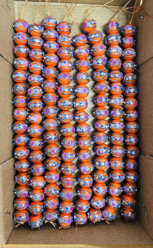 5 Strands 12mm Round Wedding Cake Beads Orange with Silver Swirl - STR-406