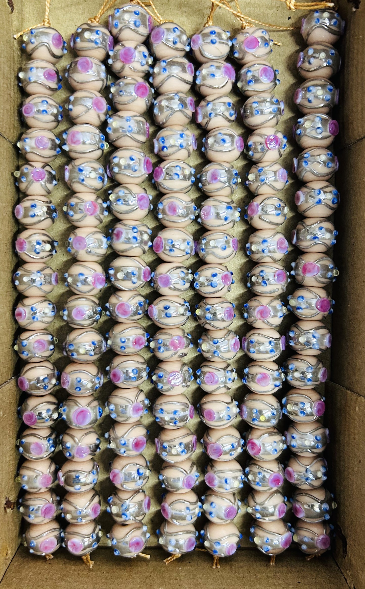5 Strands 12mm Round Wedding Cake Beads Beige with Silver Swirl - STR-407