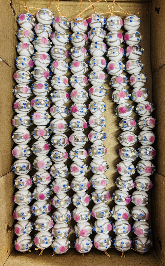 5 Strands 12mm Round Wedding Cake Beads White with Silver Swirl - STR-408