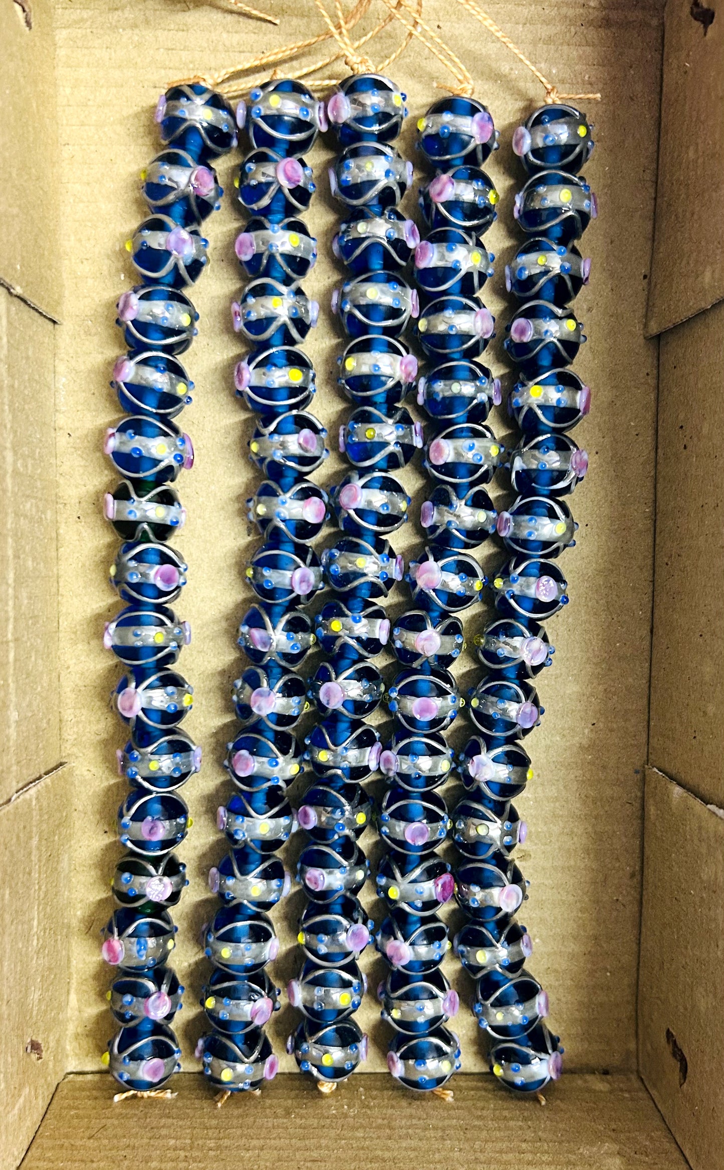 5 Strands 12mm Round Wedding Cake Beads Blue with Silver Swirl - STR-423