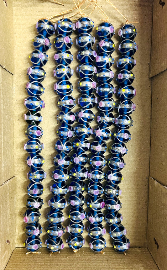 5 Strands 12mm Round Wedding Cake Beads Blue with Silver Swirl - STR-423