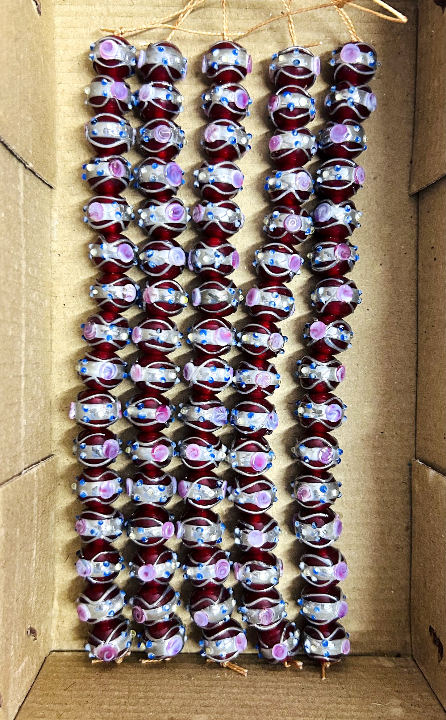 5 Strands 12mm Round Wedding Cake Beads Maroon with Silver Swirl - STR-424