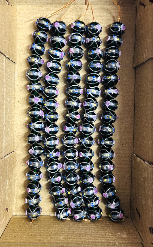 5 Strands 12mm Round Wedding Cake Beads Dark Green with Silver Swirl - STR-425