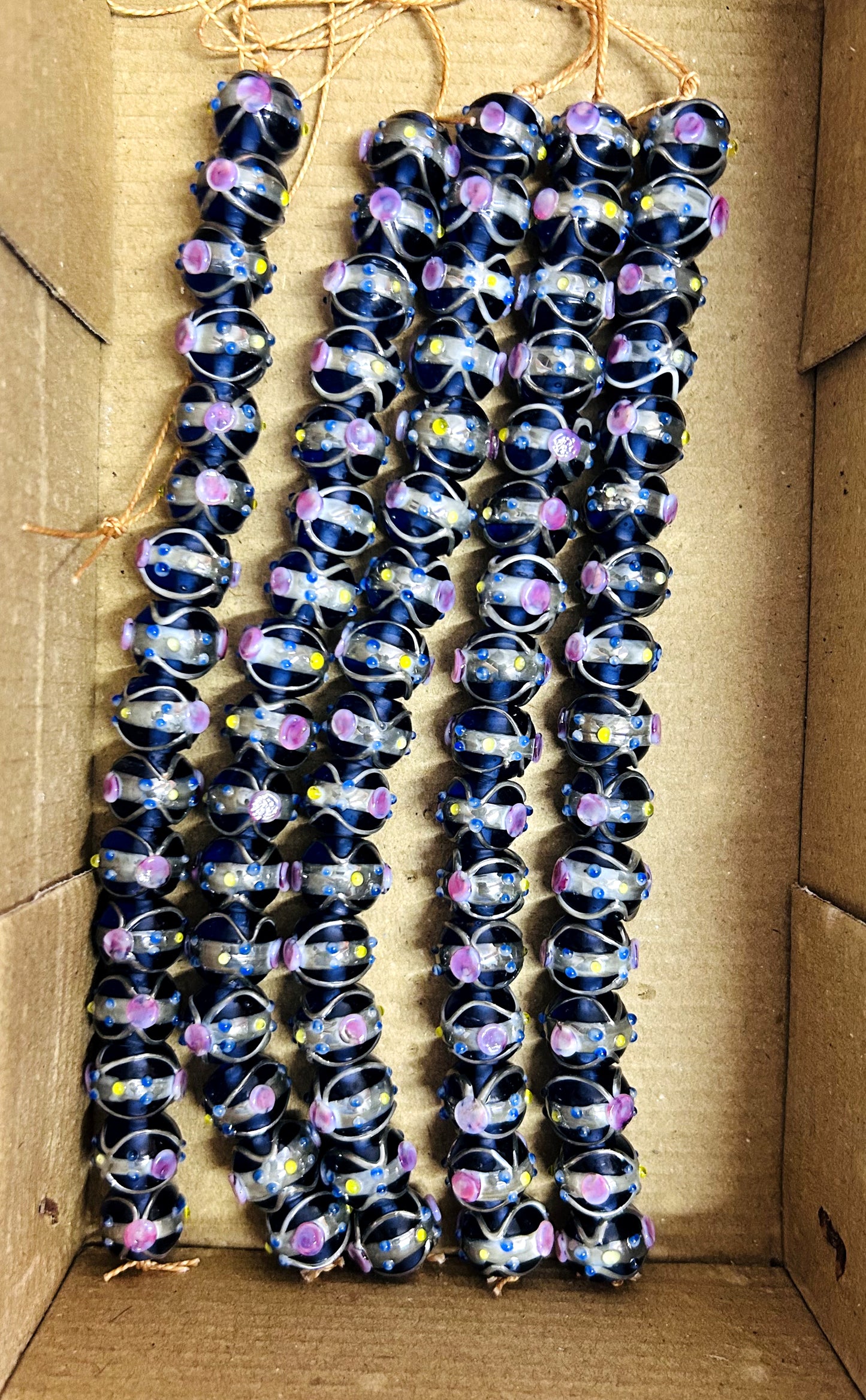 5 Strands 12mm Round Wedding Cake Beads Slate Blue with Silver Swirl - STR-431