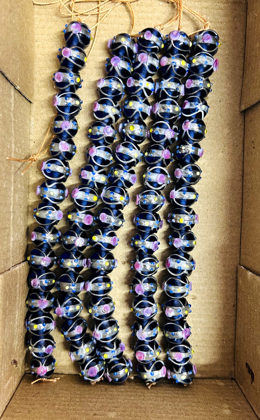 5 Strands 12mm Round Wedding Cake Beads Slate Blue with Silver Swirl - STR-431