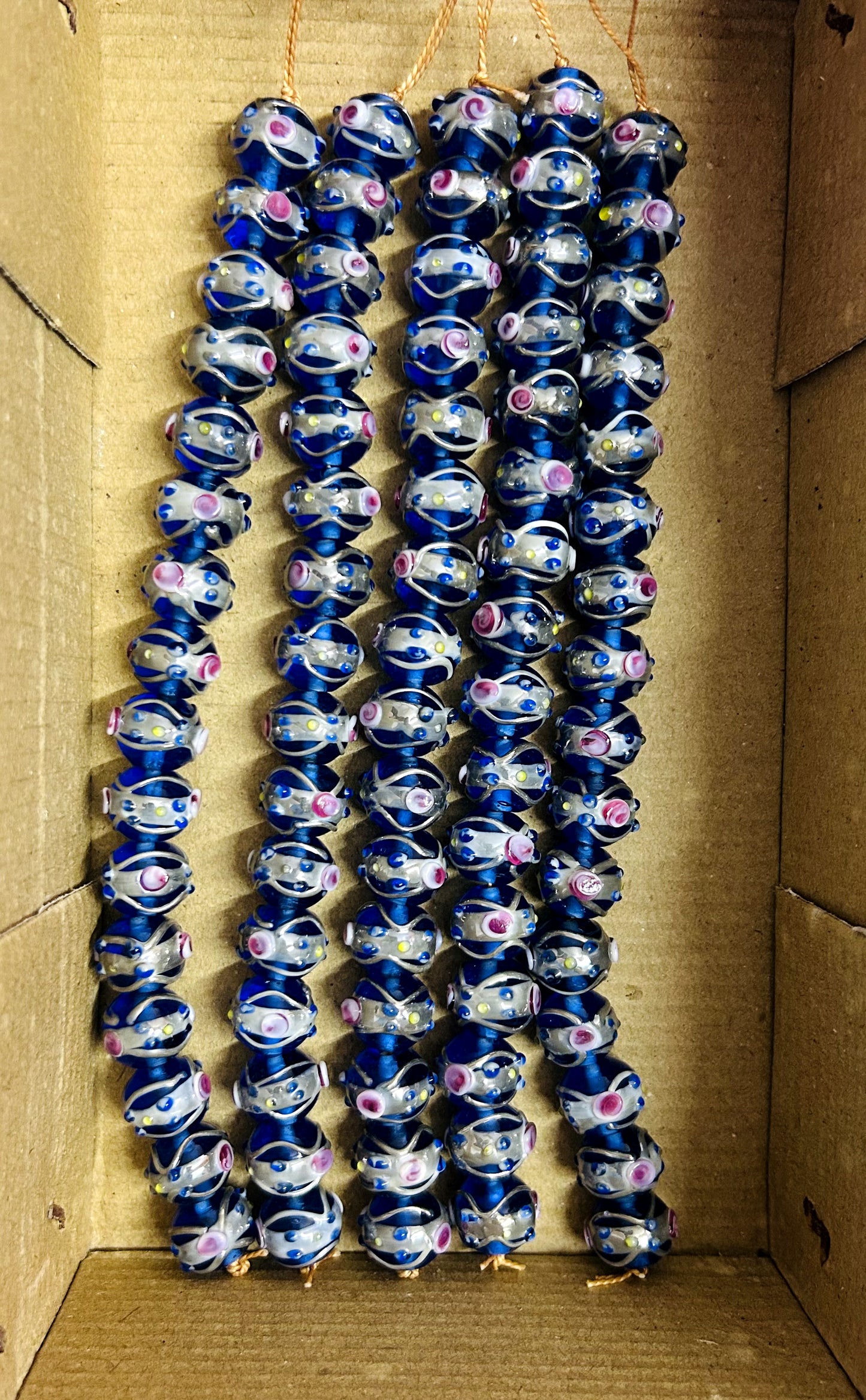 5 Strands 12mm Round Wedding Cake Beads Blue with Silver Swirl - STR-432