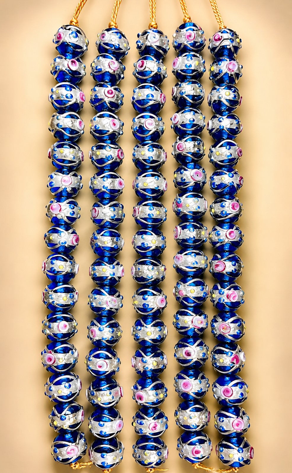 5 Strands 12mm Round Wedding Cake Beads Blue with Silver Swirl - STR-432