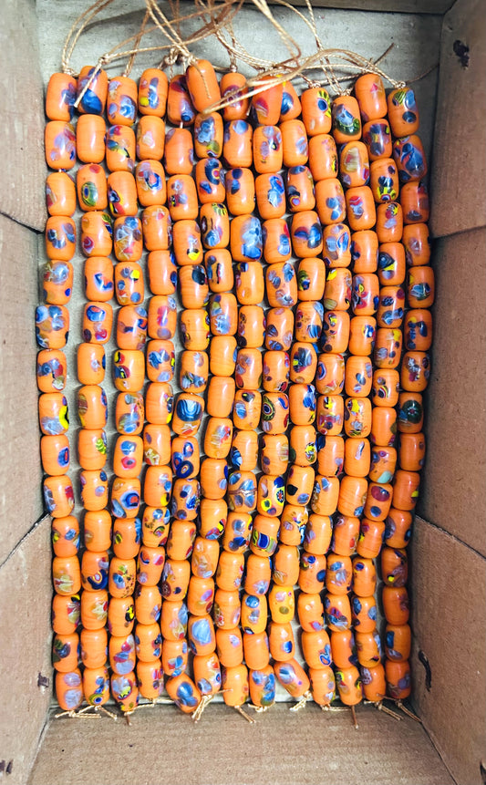 10 Strands Orange Glass Beads with Flower designs - STR-0548