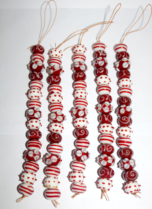 5 Strands Fancy Glass Beads Red & White