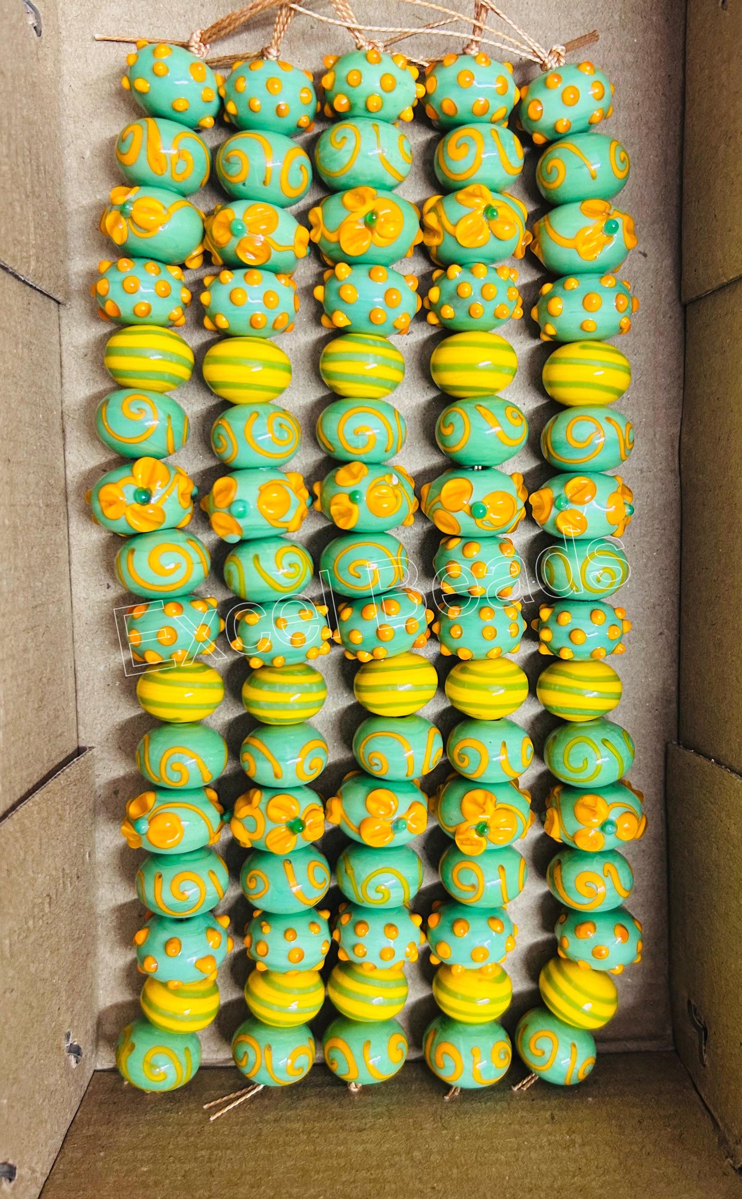 5 Strands Fancy Glass Beads Light Green & Yellow - STR-0813