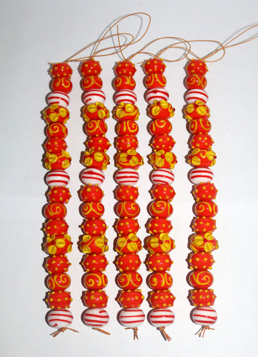 5 Strands Fancy Glass Beads Orange & White