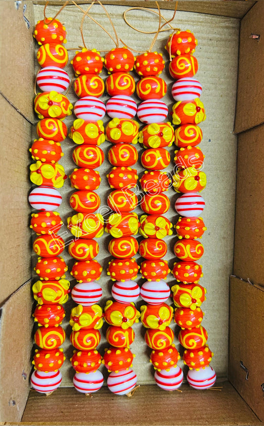 5 Strands 18mm Fancy Glass Beads Orange & White - STR-0816