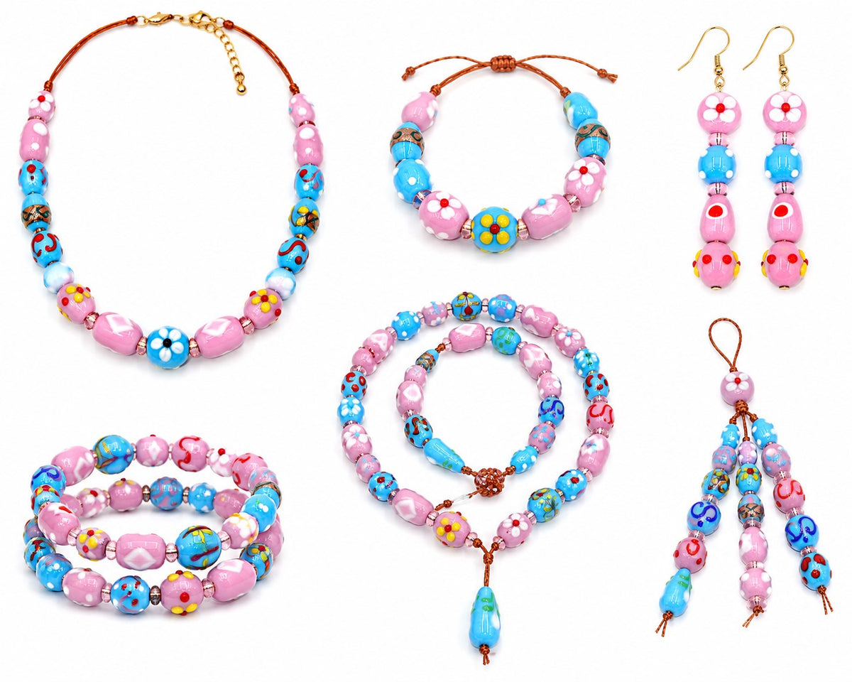 10 Strands Multi Shape Fancy Beads Pink & Blue - STR-0840