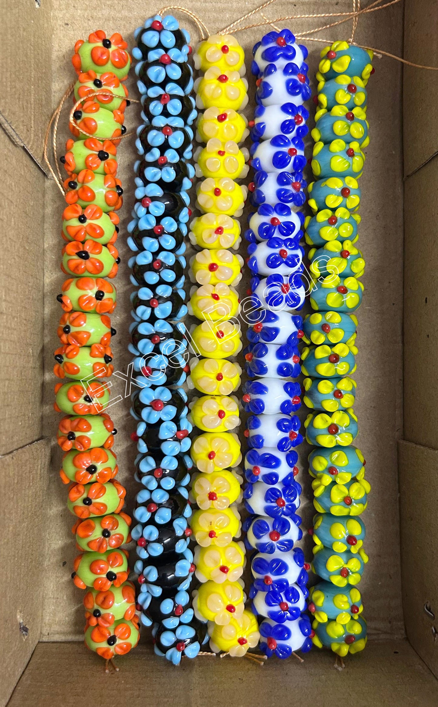 5 Strands 16mm Fancy Glass Beads Multi Color (90 Beads) -  STR-0921