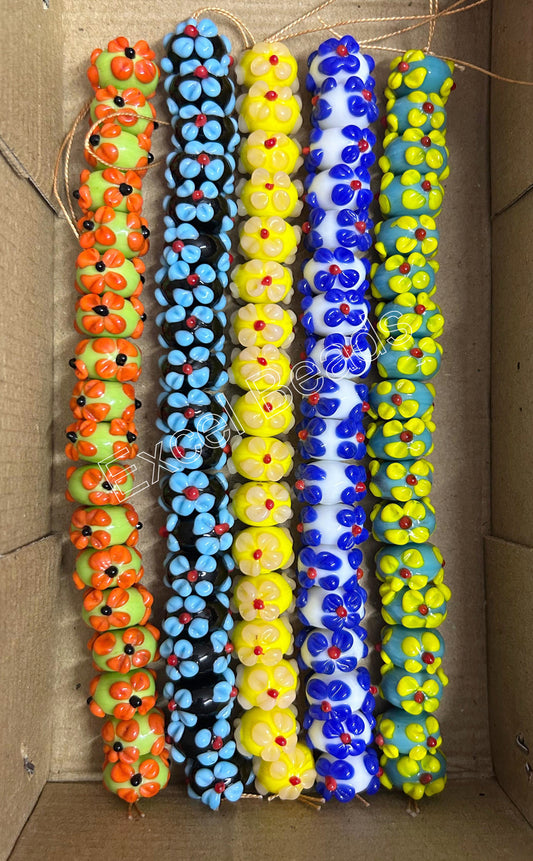 5 Strands 16mm Fancy Glass Beads Multi Color (90 Beads) -  STR-0921