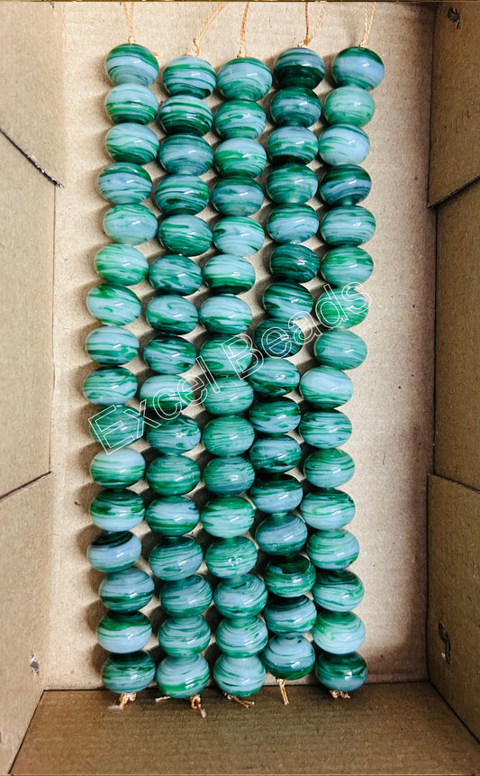 5 Strands 18mm Green Striped Glass Beads - STR-0983