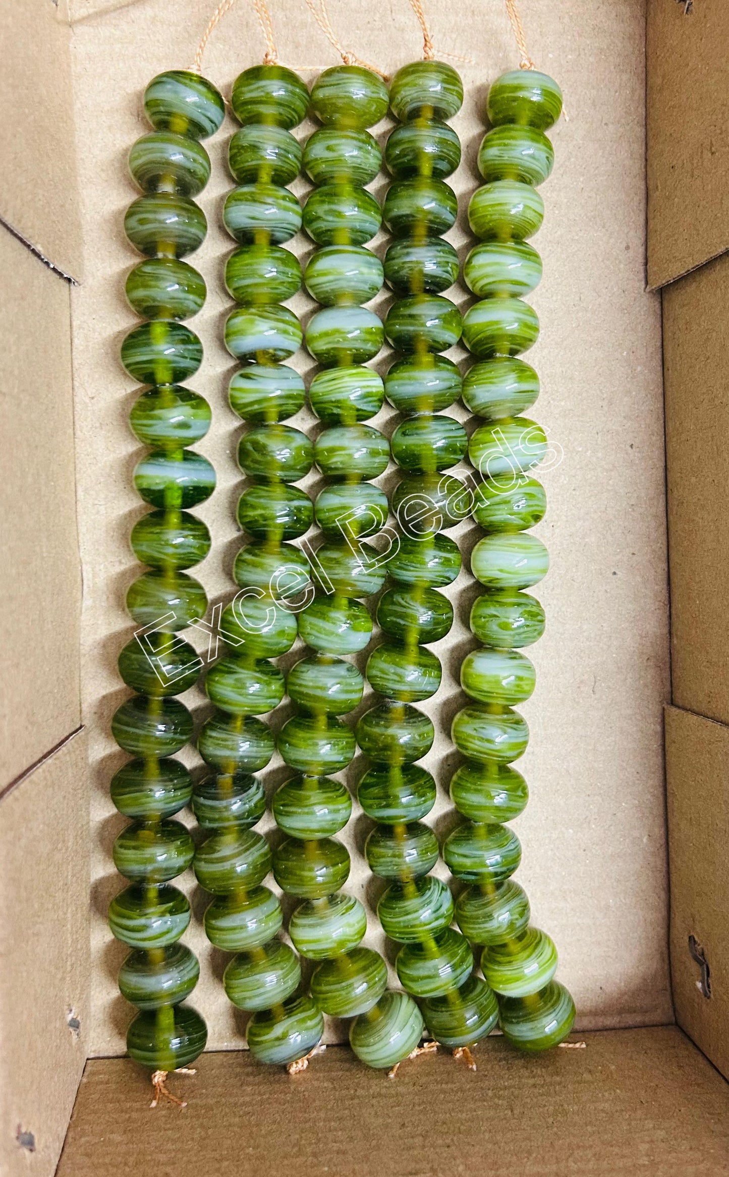 5 Strands 18mm Lime Green Striped Glass Beads - STR-0984